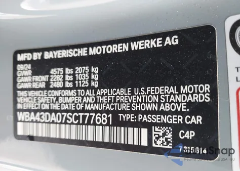 2025 BMW 4 Series 430I from USA, damaged, VIN WBA43DA07SCT77681